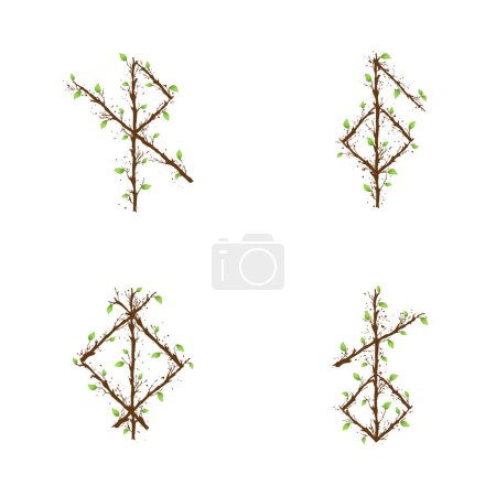 Ilustración de White old grunge texture with abstract Scandinavian bind rune with wooden branches and leaves. Viking runes rectangle frame and text for meaning - Imagen libre de derechos