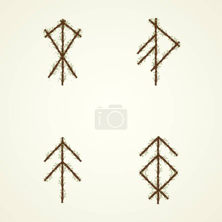 Ilustración de Wooden texture with abstract Scandinavian bind rune with branches and leaves. Viking runes frame and text for meaning - Imagen libre de derechos