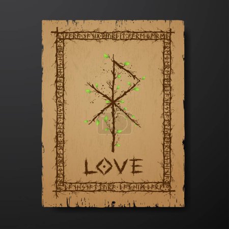 Ilustración de Pergament old grunge paper texture with abstract Scandinavian bind rune with wooden branches and leaves. Viking runes rectangle frame and text for meaning Love - Imagen libre de derechos