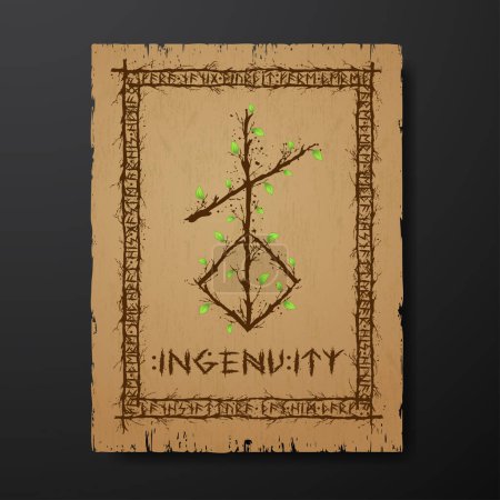 Illustration for Pergament old grunge paper texture with abstract Scandinavian bind rune with wooden branches and leaves. Viking runes rectangle frame and text for meaning ingenuity - Royalty Free Image