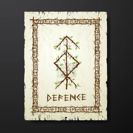 Ilustración de Yellow old grunge paper texture with abstract Scandinavian bind rune with wooden branches and leaves. Viking runes rectangle frame and text for meaning defence - Imagen libre de derechos
