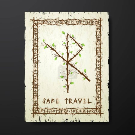 Ilustración de Yellow old grunge paper texture with abstract Scandinavian bind rune with wooden branches and leaves. Viking runes rectangle frame and text for meaning safe travel - Imagen libre de derechos