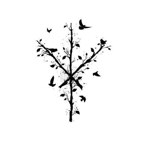 Ilustración de White old grunge texture with abstract Scandinavian bind rune with wooden branches and leaves. Viking rune tree brancheswith flying birds - Imagen libre de derechos