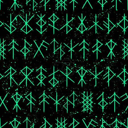 Ilustración de Abstract grunge texture brushes with viking bind runes silhouettes. Scandinavian bindrunes design for different patterns and background - Imagen libre de derechos