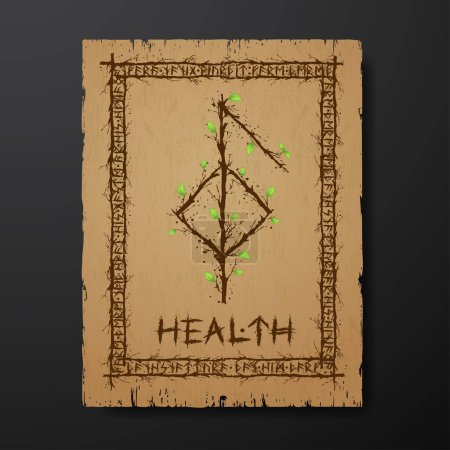 Ilustración de Pergament old grunge paper texture with abstract Scandinavian bind rune with wooden branches and leaves. Viking runes rectangle frame and text for meaning health - Imagen libre de derechos