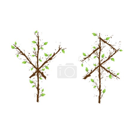 Ilustración de Wooden texture with abstract Scandinavian bind rune with branches and leaves. Viking runes frame and text for meaning - Imagen libre de derechos