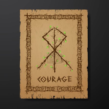Yellow old grunge paper texture with abstract Scandinavian bind rune with wooden branches and leaves. Viking runes rectangle frame and text for meaning Courage puzzle 639042292