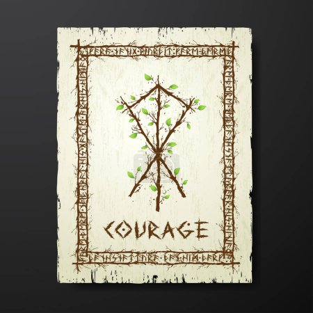 Yellow old grunge paper texture with abstract Scandinavian bind rune with wooden branches and leaves. Viking runes rectangle frame and text for meaning Courage