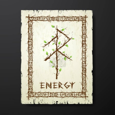 Téléchargez les illustrations : Yellow old grunge paper texture with abstract Scandinavian bind rune with wooden branches and leaves. Viking runes rectangle frame and text for meaning Energy - en licence libre de droit