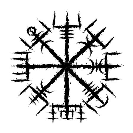 Ilustración de Ink blots Scandinavian viking true vegvisir symbol isolated on white background. Grunge old sign for different designs and patterns - Imagen libre de derechos