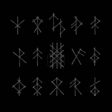 Ilustración de Abstract sticks grunge texture brushes with viking bind runes silhouettes. Scandinavian bindrunes design for different patterns and background - Imagen libre de derechos
