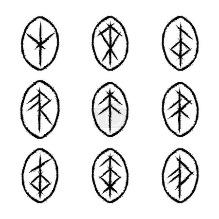 Ilustración de Abstract ink blots grunge texture brushes with viking bind runes silhouettes. Scandinavian bindrunes design for different patterns and background - Imagen libre de derechos