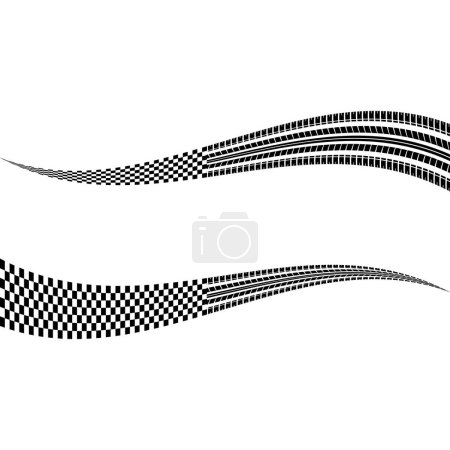 Two black and white sport flags silhouettes for start and finish lines with tire tracks isolated on white background