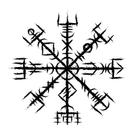 Illustration for Ink blots Scandinavian viking true vegvisir symbol isolated on white background. Grunge old sign for different designs and patterns - Royalty Free Image