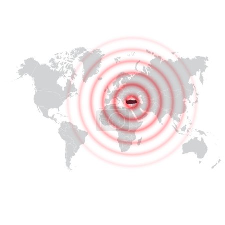 Ilustración de Fondo blanco con silueta de mapa del mundo y silueta turquesa roja. Epicentro de la crisis mundial 2023 terremoto en Turquía. Gradiente líneas de círculo color transparente - Imagen libre de derechos