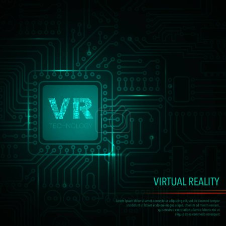 Green electriccircuit boad background with microchip and VR text. Virtual reality technology processor gradient wallpaper