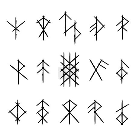 Ilustración de Wooden texture with abstract Scandinavian bind rune with branches. Viking runes black silhouettes set - Imagen libre de derechos