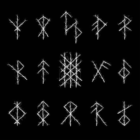 Ilustración de Wooden texture with abstract Scandinavian bind rune with branches and leaves. Viking runes white silhouettes set - Imagen libre de derechos