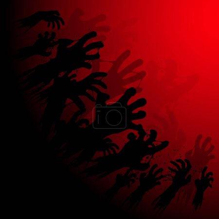 Black grunge zombie hands with red blood background. Halloween party poster wallpaper
