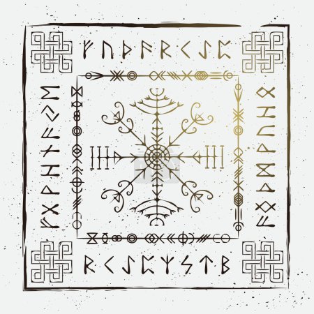 Illustration for Old runic letters with grunge frame in icelandic style isolated on white background. Square frame with decorations and Scandinavian doodle hand draw elements - Royalty Free Image