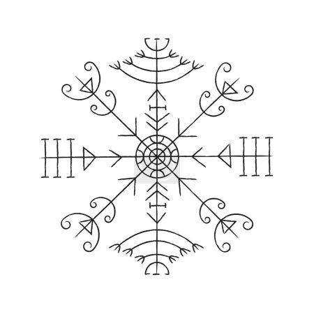 Téléchargez les illustrations : Vieilles lettres runiques avec cadre grunge dans un style icelandique isolé sur fond blanc. Cadre carré avec décorations et éléments de dessin à la main scandinave - en licence libre de droit