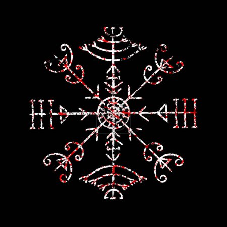 Ilustración de Antiguo símbolo rúnico con marco grunge en estilo icelandés aislado sobre fondo negro. Marco sangriento con decoraciones y elementos de dibujo a mano garabato escandinavo - Imagen libre de derechos