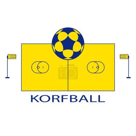 Ilustración de Cesta de korfball amarillo y azul y bola aislada sobre fondo blanco con silueta de vista superior de corte - Imagen libre de derechos