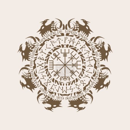 Dunkles skandinavisches Runensymbol mit Drachenkreis und Vegvisir-Zeichen für skandinavisches Tätowierdesign isoliert auf weißem Hintergrund
