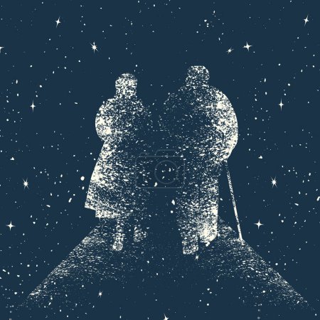 Ilustración de Fondo abstracto del universo con estrellas y pareja de ancianos yendo al infinito - Imagen libre de derechos