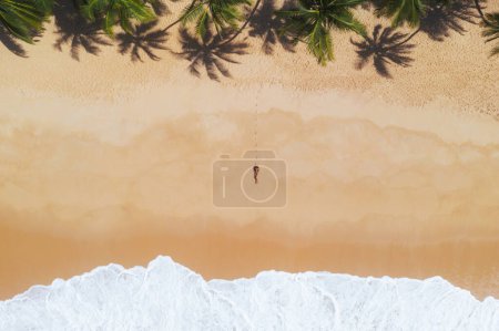 Foto de Vista aérea del dron hermosa playa tropical con palmeras de arena blanca y agua clara y modelo de mujer en bikini negro. Costa perfecta con arena y palmeras de coco. Viajes y resort de ocio abstracto - Imagen libre de derechos