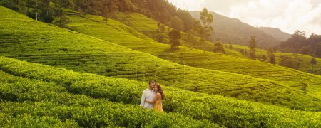 Foto de Vista aérea del dron de la naturaleza fondo plantaciones de té paisaje con una pareja romántica de viajeros enamorados de pie en contra de abrazar y mirar hacia otro lado - Imagen libre de derechos