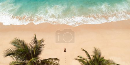 Téléchargez les photos : Vue aérienne sur drone belle plage tropicale avec des palmiers de sable rose et de l'eau claire et modèle femme en bikini noir. Rivage parfait avec des palmiers de sable et de coco. Panorama des loisirs de voyage et de villégiature - en image libre de droit