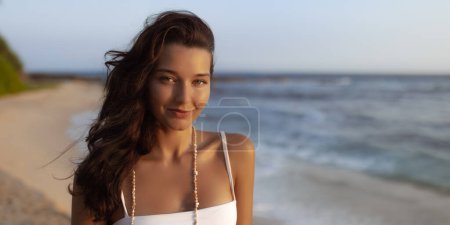 Photo for Sensual beauty young attractive smiling woman relaxing on beach. Summer vacation portrait. Romance and dating with asian caucasian multiracial girl, enjoying love and life - Royalty Free Image