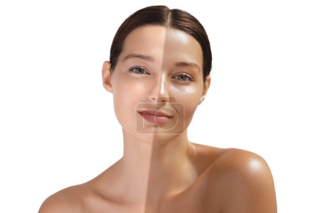 Téléchargez les photos : Recadrer gros plan studio de beauté femme photo de demi-visage bronzé avant après concept de solarium. Photo de haute qualité - en image libre de droit