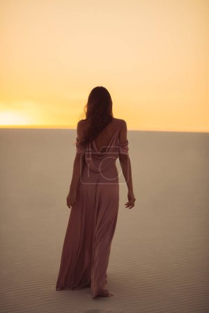 Foto de Silueta de caminar romántico modelo de mujer de moda en el desierto en la noche rosa dress.Back vista de hermosa chica delgada al aire libre épica foto de alta calidad - Imagen libre de derechos