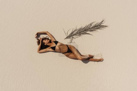 Photo for Top aerial drone view of woman in swimsuit relaxing and sunbathing on beach Near The Ocean. Attractive brunette girl in black bikini laying on a sandy coast with palm leaf. Gorgeous tanned mixed race - Royalty Free Image