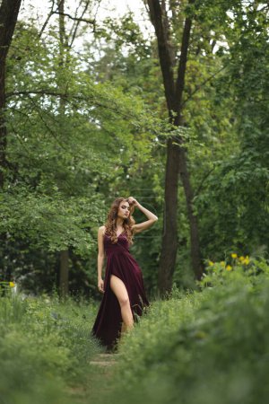 Téléchargez les photos : Photo de femme de luxe en robe violette dans la forêt au printemps. Photo de haute qualité - en image libre de droit