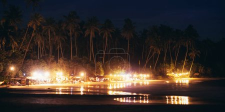 A tranquil tropical beach at night, with illuminated palm trees casting reflections on the water. Perfect for illustrating themes of peace, nature, and tropical travel. High-quality photo suitable for