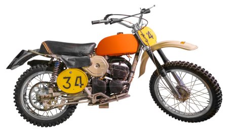 Isoliertes Vintage Off Road Motocross Motorrad (Dirt-Bike) auf weißem Hintergrund