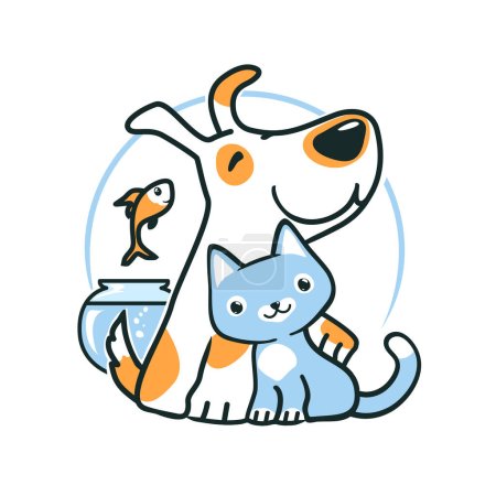 Illustration for Cartoon dog and cat, fish jumping out of aquarium, little pets hugging, vet or pet shop logo design, vector illustration - Royalty Free Image