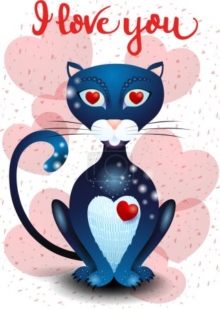 Illustration for Black cat in love with hearts and text, vector illustration eps10 - Royalty Free Image