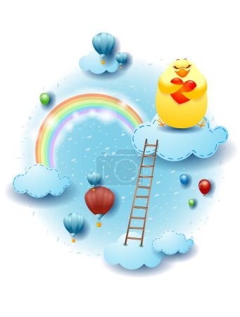 Téléchargez les illustrations : Landscape with clouds, ladder and chick with heart. Fantasy illustration, vector eps10 - en licence libre de droit