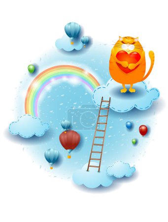 Ilustración de Landscape with clouds, ladder and kitten with heart. Fantasy illustration, vector eps10 - Imagen libre de derechos