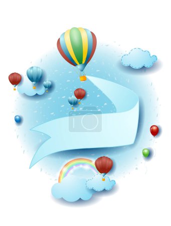 Illustration for Landscape with hot air balloon and blank banner, fantasy illustration. Vector eps10 - Royalty Free Image