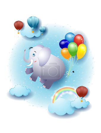 Téléchargez les illustrations : Paysage avec nuages et éléphant volant. Illustration fantastique, vecteur eps10 - en licence libre de droit