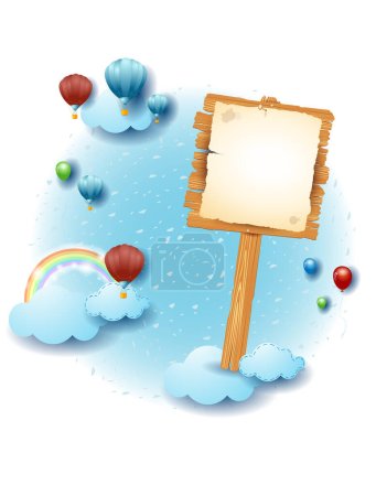 Téléchargez les illustrations : Paysage du ciel avec nuages et panneau en bois avec affiche. Illustration fantastique, vecteur eps10 - en licence libre de droit
