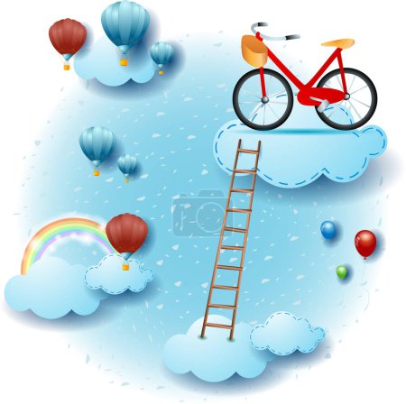 Téléchargez les illustrations : Paysage du ciel avec nuages, vélo volant et échelle. Illustration fantaisie vecteur eps10 - en licence libre de droit
