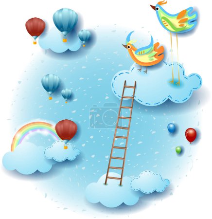 Illustration for Sky landscape with clouds, colorful birds and ladder. Fantasy illustration vector eps10 - Royalty Free Image
