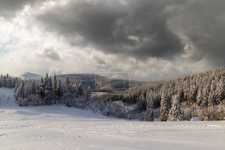 Foto de Paisaje invernal con colina Snezka, Montañas Gigantes (Krkonose), Bohemia Oriental, República Checa - Imagen libre de derechos