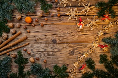 Photo for Traditional Czech Christmas on wood decoration with twig, apple, orange, fruit - Royalty Free Image
